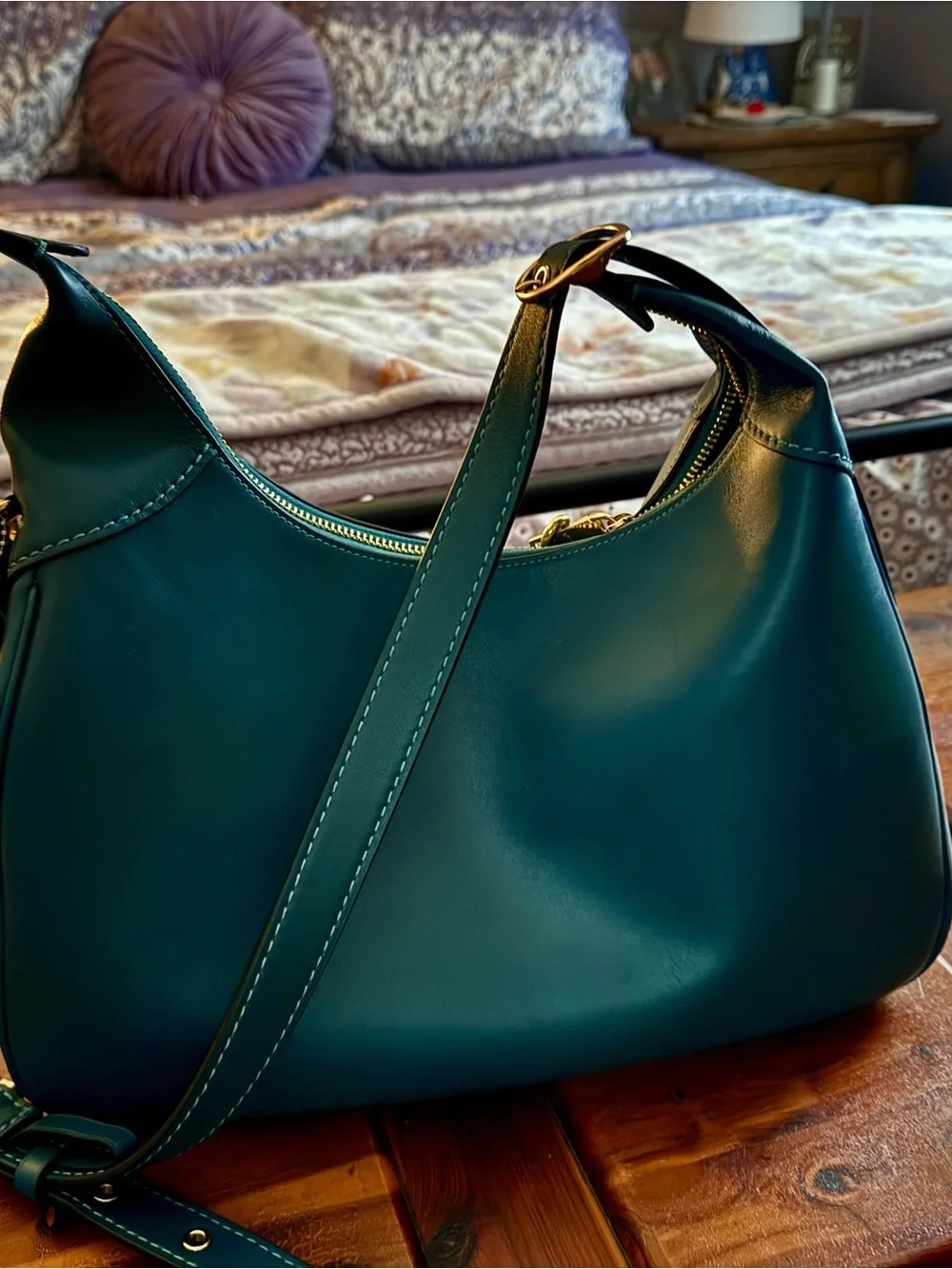 Coach Teal Leather Shoulder Hobo with Gold Charm Chain - Picture 2 of 4